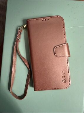 Ara Rose Gold Leather Wallet Phone Case with Wrist Strap